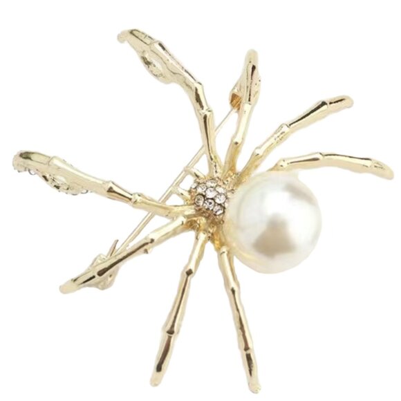 Gold Tone Alloy Spider Pin Brooch Faux White Pearl Gothic Halloween Rhinestones - Picture 3 of 8